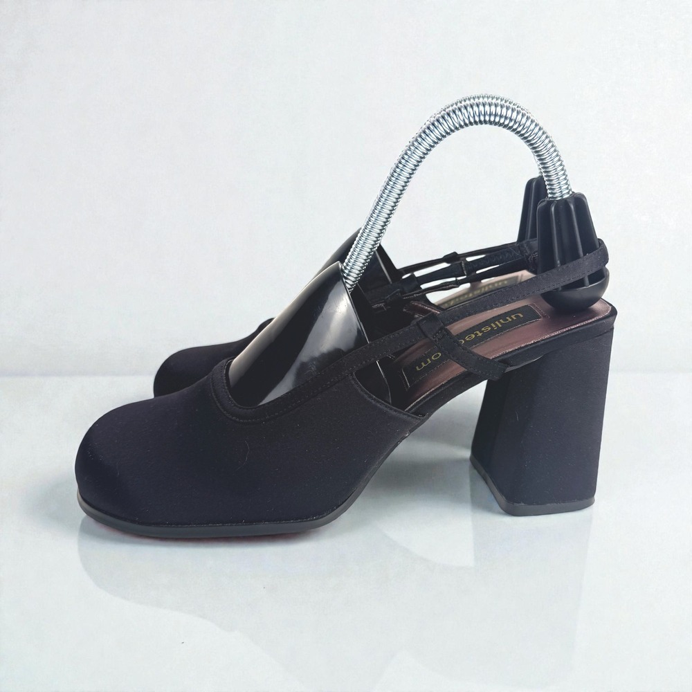 Y2K Unlisted Black Satin‎ Chunky Block Heel Slingback Close Toed Shoes Size 9M - Picture 3 of 7